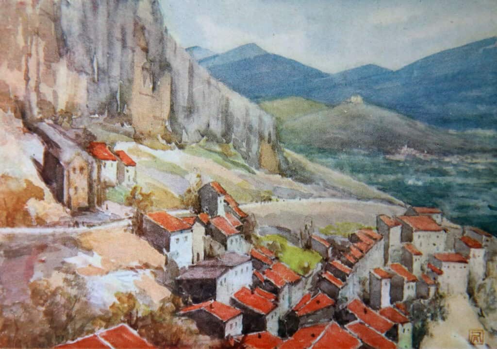 A colourful watercolour painting of a traditional Abruzzo village on a hillside, with red-tiled roofs and scenic mountain backdrop.