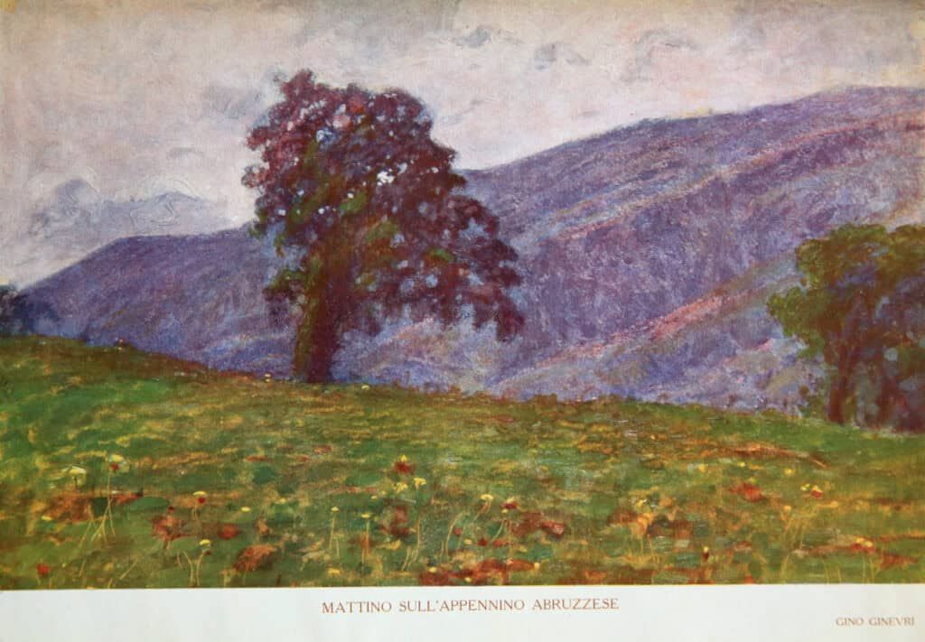 A painting of an Abruzzo landscape featuring mountains, trees, and a colourful sky, capturing the region’s natural beauty.