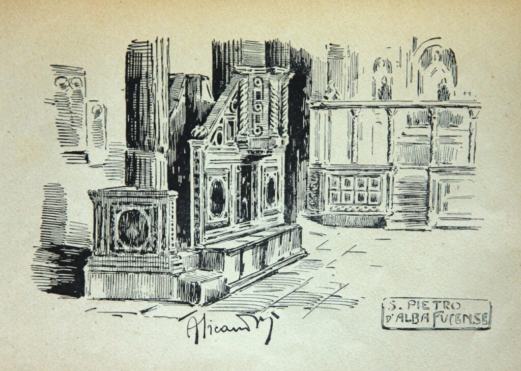 Intricate black and white pen sketch of historical architecture by Italian artist, highlighting detailed craftsmanship.
