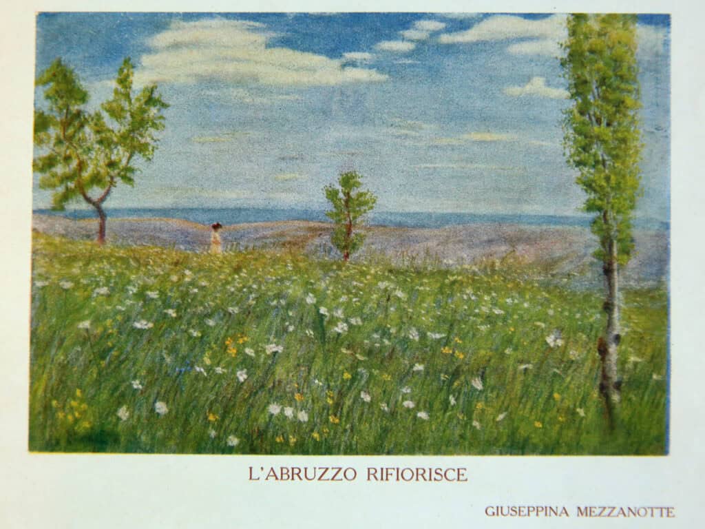 Colourful painting of Abruzzo's blooming spring scenery with trees and a bright sky.