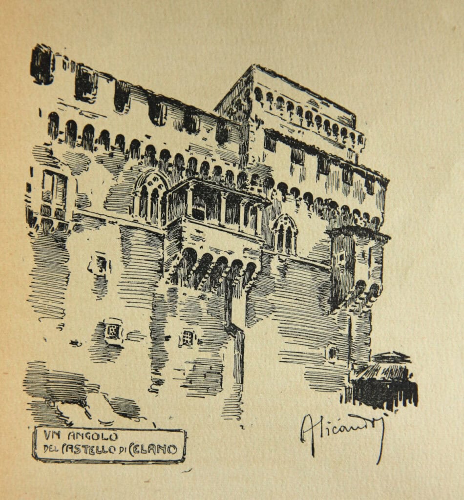 Historic medieval castle sketch highlighting Italian architecture.
