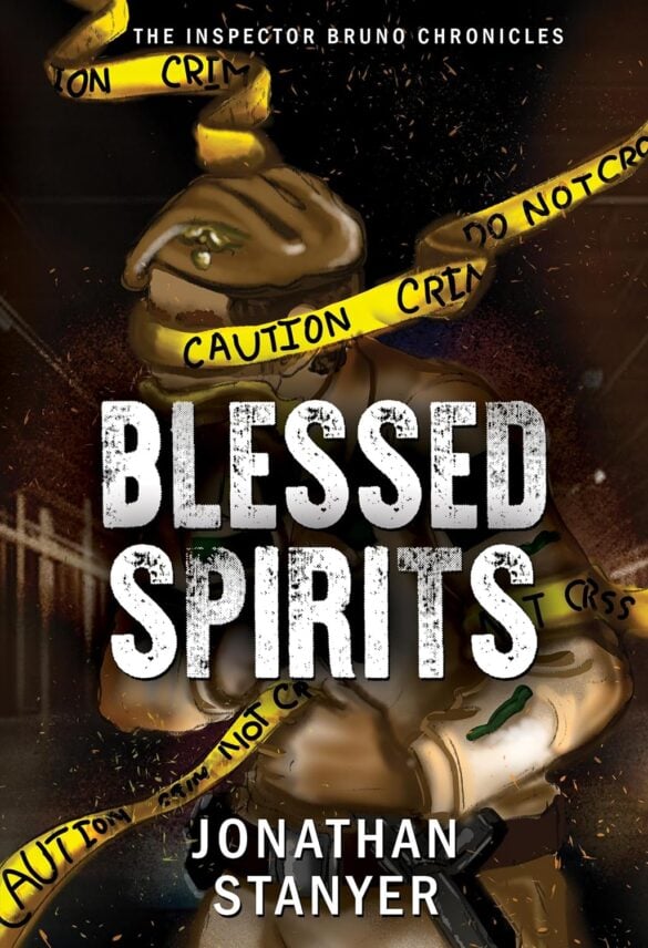 Dark mystery thriller book cover with caution tape and potion bottles.